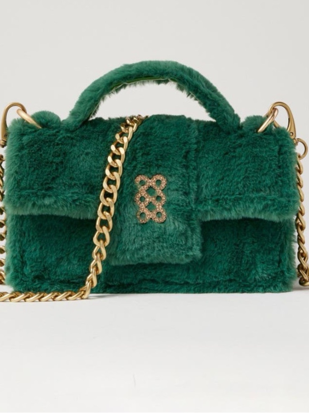 Kooreloo Green Faux-Fur Top Handle Shoulder Bag with Gold Chain
